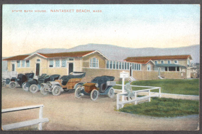 Image for State Bath House & motorcars at Nantasket Beach MA postcard 1910s