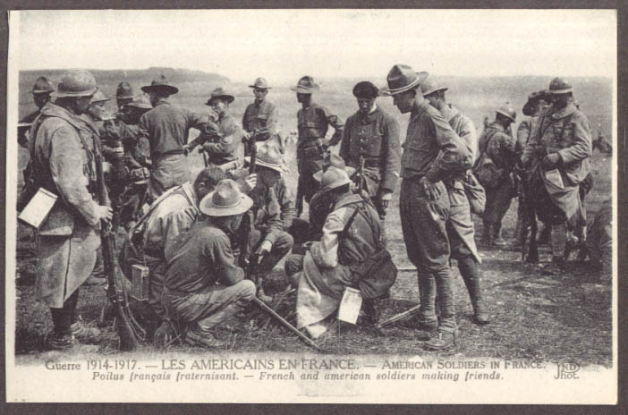 Image for Americans in France 1914-1917 French soldiers making friends postcard 1917