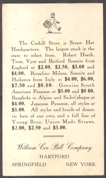 Image for Coebill Straw Hat Store William Coe Bill Hartford CT postal card 1918
