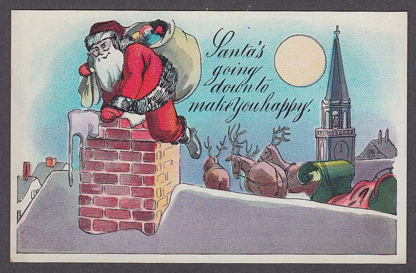 Image for Santa Claus going down chimney Christmas postcard 1910s