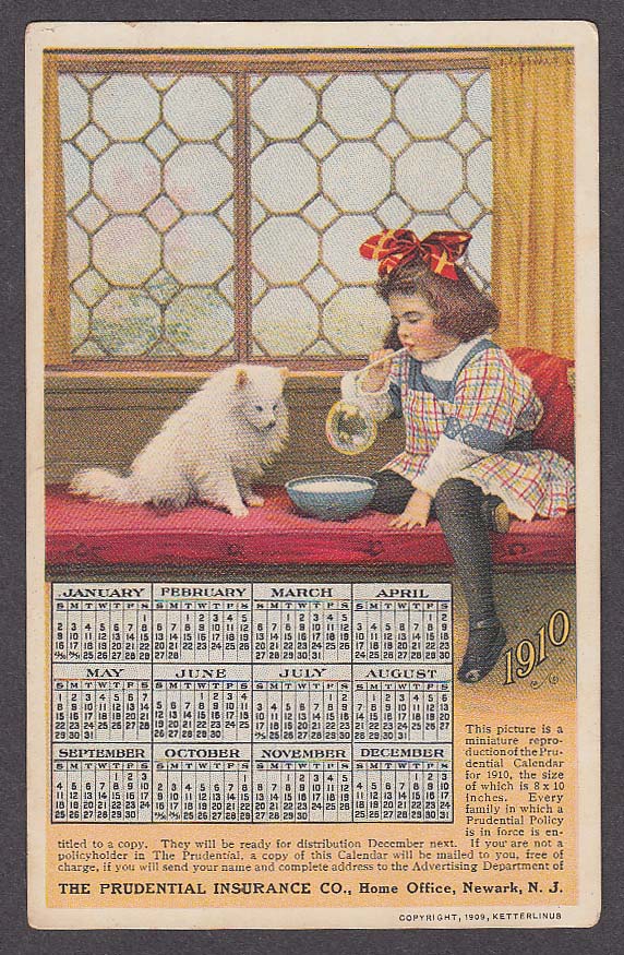 Image for Prudential Insurance Co 1910 Calendar undivided back advertising postcard