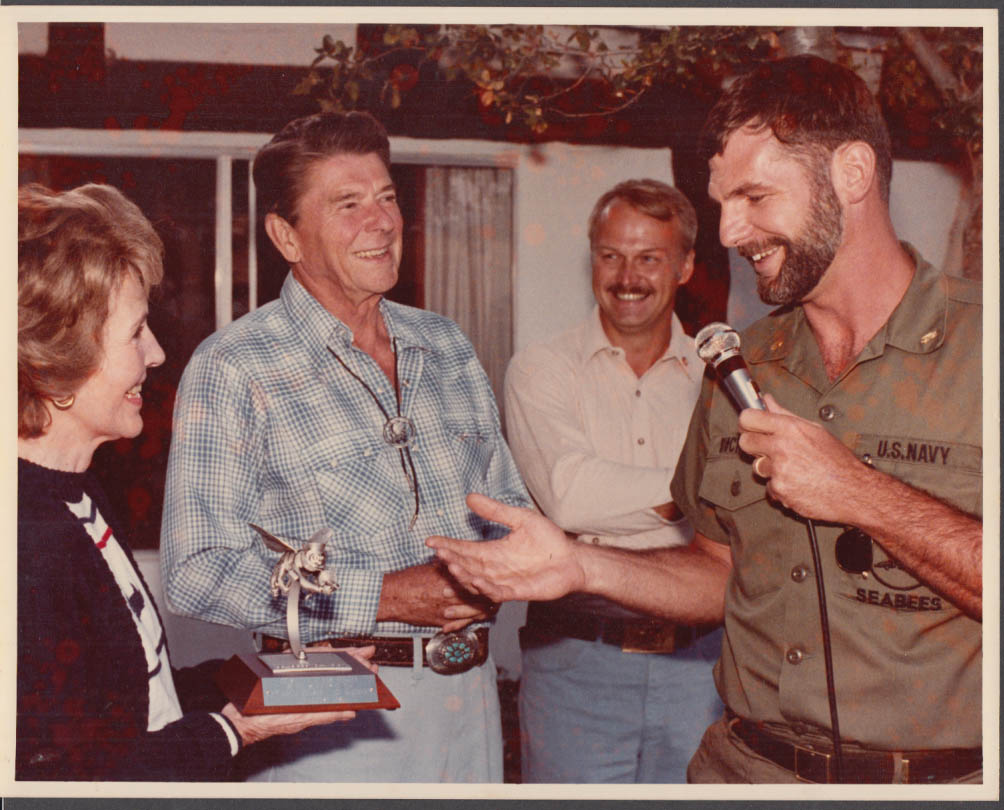 Image for Ronald & Nancy Reagan Awarding SeaBees Trophy color photo 8/12 1981