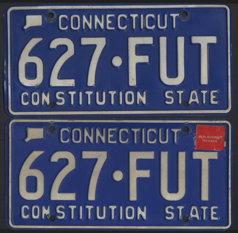 Image for PAIR Connecticut license plates 627-FUT 1987-base in envelope & 2004 sticker