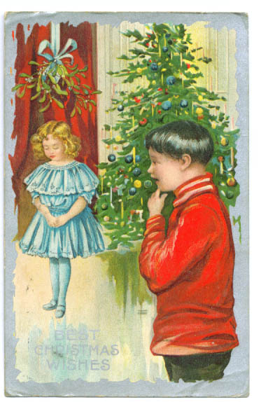 Image for Christmas tree girl under mistletoe embossed postcard 1909