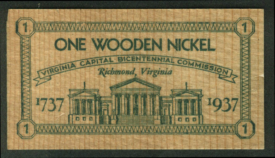 Image for Virginia Capital Bicentennial Commission Wooden Nickel 1937