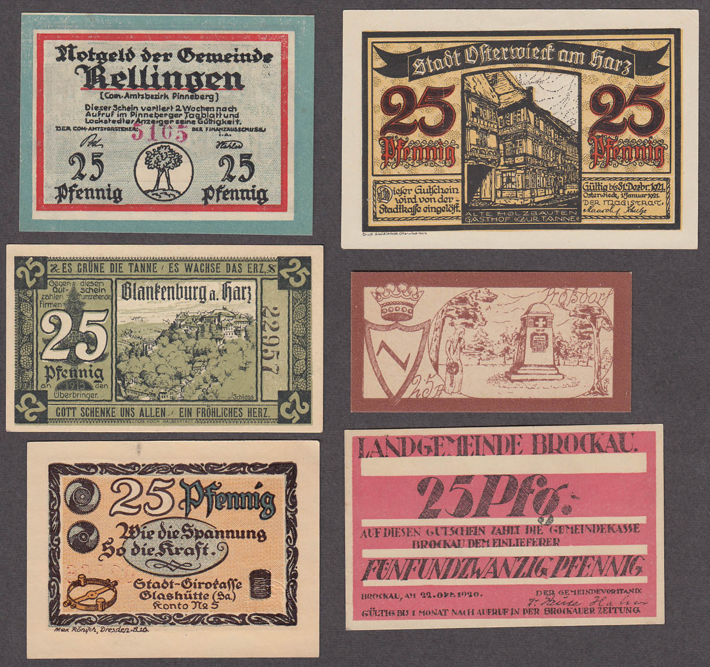 Image for Lot of SIX 25 Pfennig Token-Notes Bank Notes Notgeld Germany 1921 Lot #1