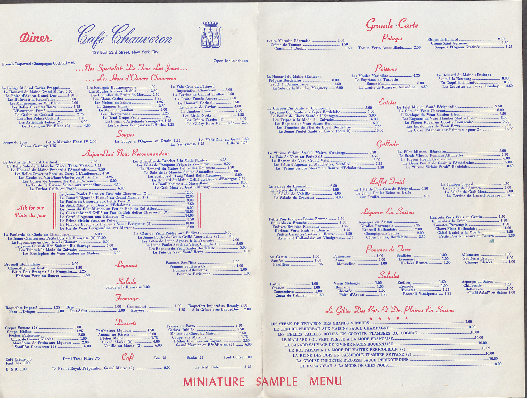 Café Chauveron Restaurant New York miniature sample menu