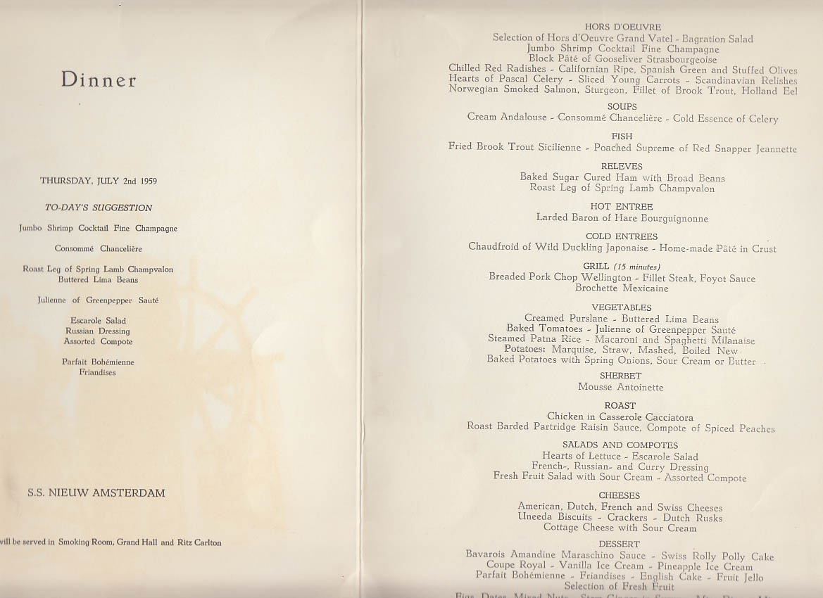 Holland America Line SS Nieuw Amsterdam Dinner Menu 7/2 1959