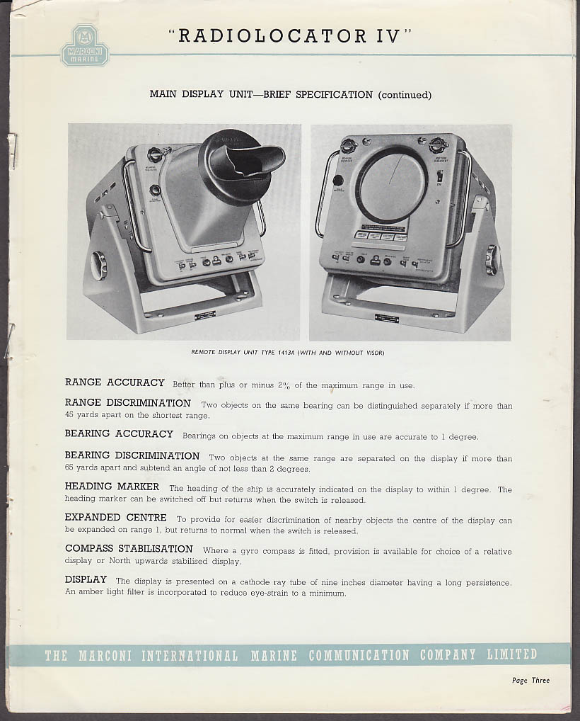 Marconi Marine Radiolocator IV Marine Radar Equipment catalog 1954