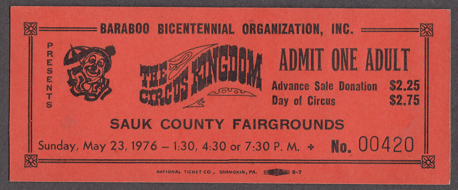 Image for Baraboo Bicentennial Circus Kingdom circus ticket One Adult Sauk Cty 1976