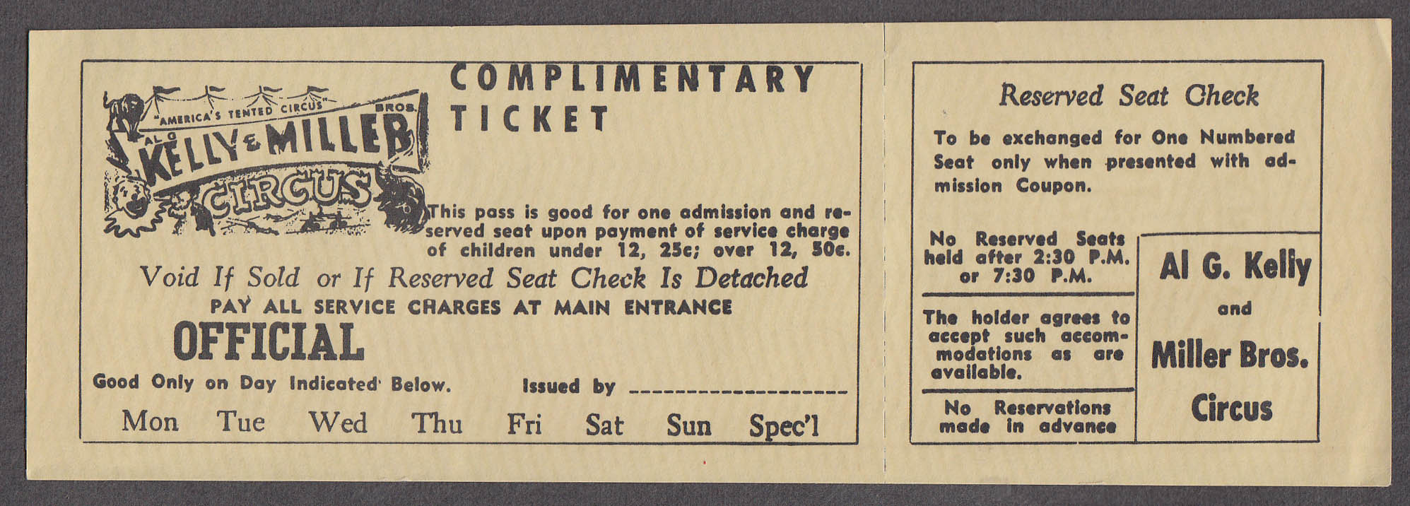 Image for Al G Kelly & Miller Bros circus ticket Complimentary Reserved Seat Check undated