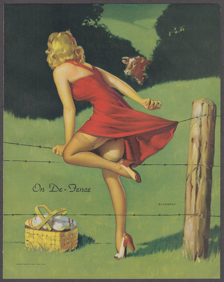 Image for On De-Fence barbed wire Elvgren pin-up sheet 1940s Louis F Dow Co