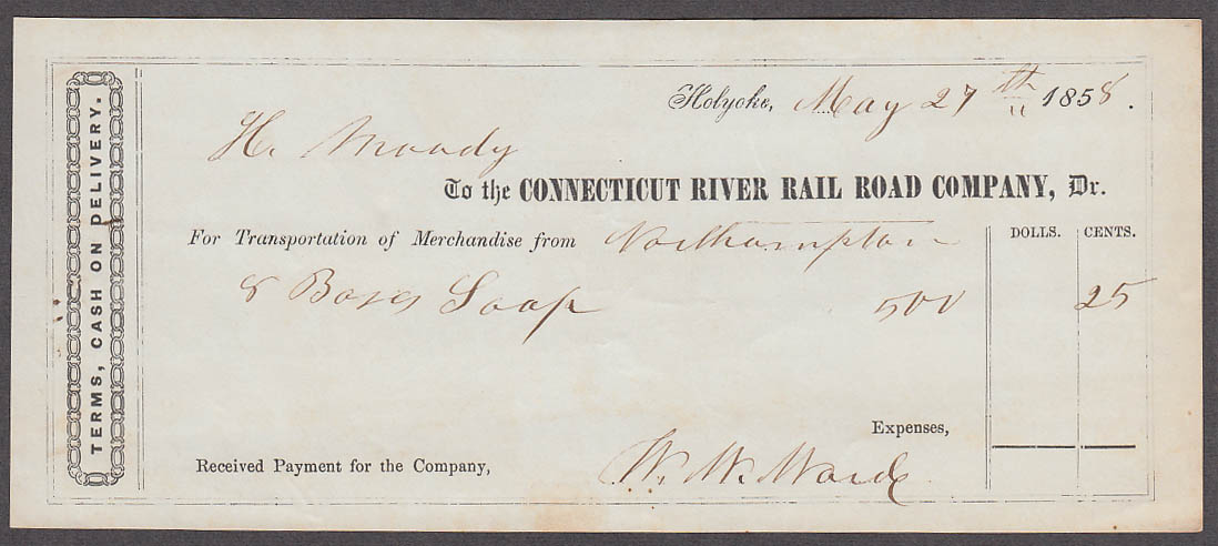 Image for Connecticut River Rail Road Company freight bill Northampton Holyoke 1855