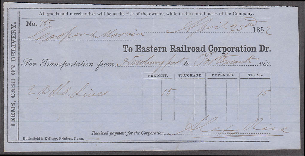 Image for Eastern Railroad Corporation freight bill Newbury to Portsmouth 1852