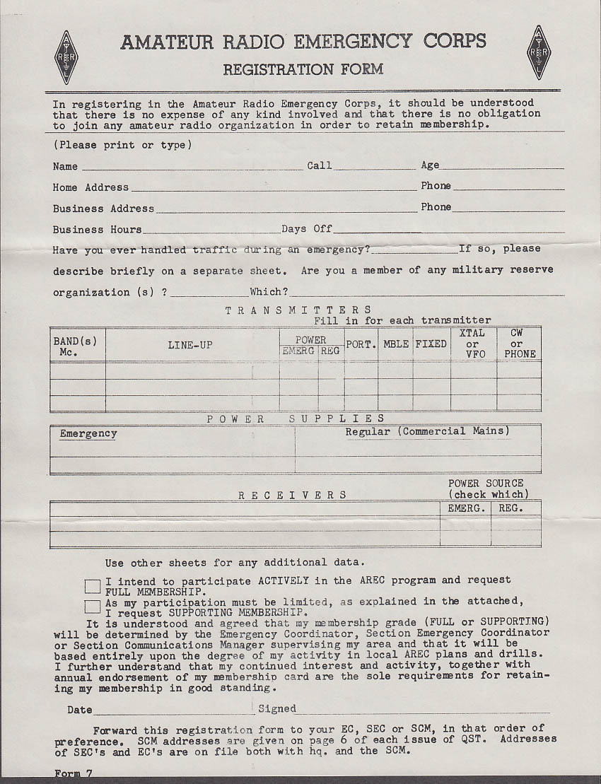 Image for Amateur Radio Emergency Corps Registration Form & cover letter 1950s