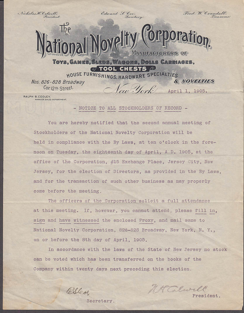 Image for National Novelty NYC toys games sleds wagon doll carriages letter 1905