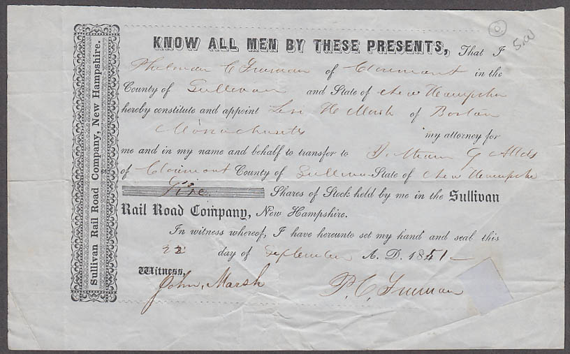 Image for Sullivan Rail Road Company stock transfer document New Hampshire 1851