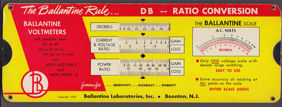 Image for Ballantine Laboratories Rule DB-Ratio Conversion 1953 w/ folder & card