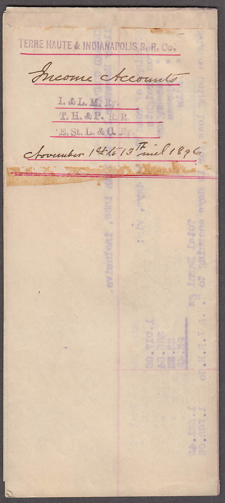 Image for Terre Haute & Indianapolis RR Income Accounts 11/1-13 1896 + I&LM TH&P E StL&C