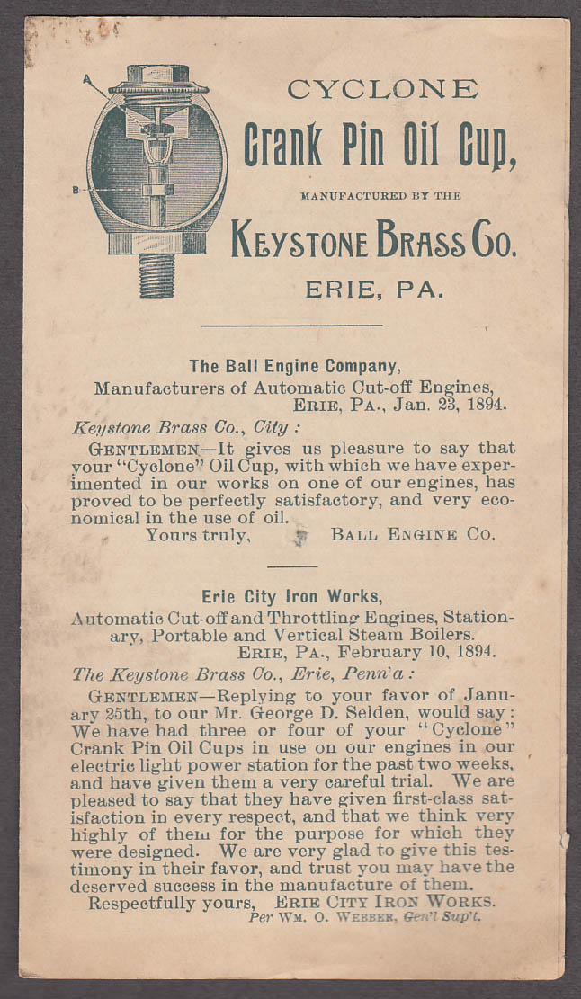 Image for Keystone Brass Cyclone Crank Pin Oil Cup sales folder 1895