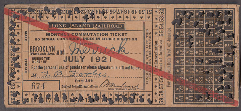 Image for Long Island Railroad Monthly Commutation Ticket used 7 1921