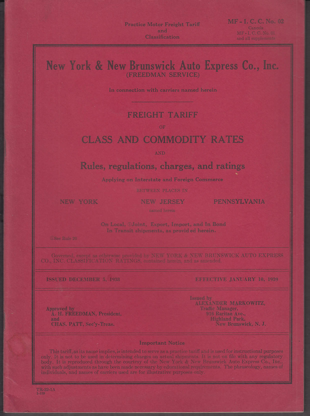 Image for New York & New Brunswick Auto Express Tariff & Commodity Rates book 1939