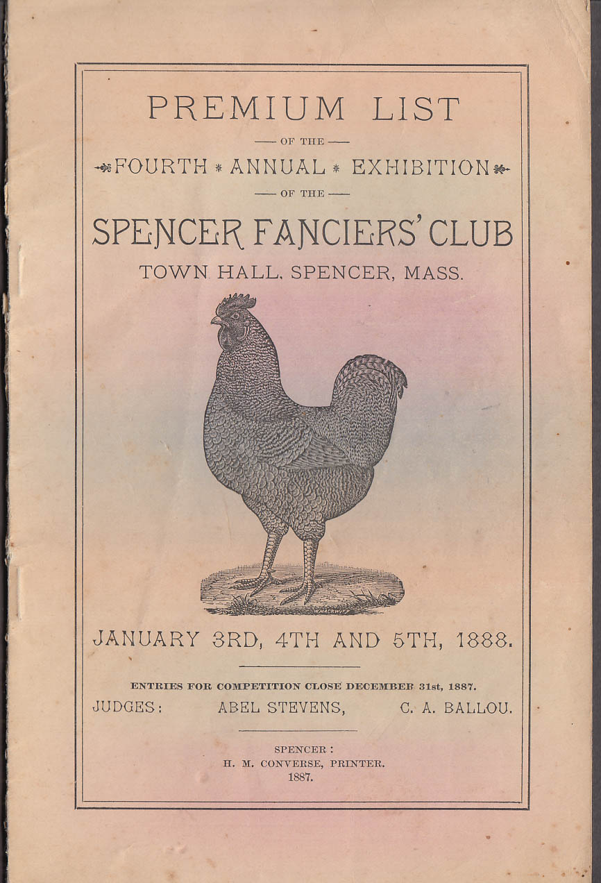 Image for Spencer Fanciers Club Premium List Spencer MA 1888 chicken pigeon fowl duck