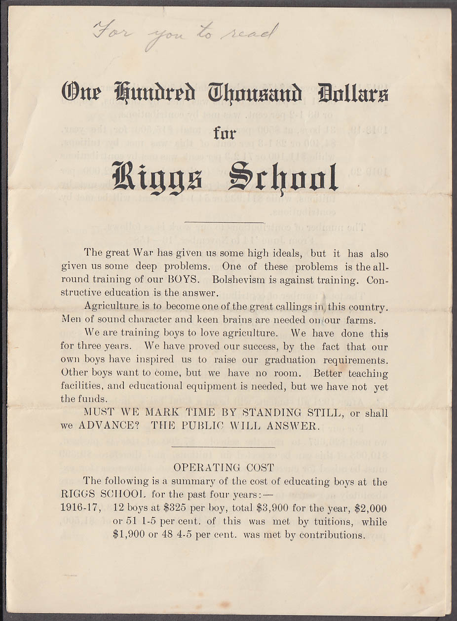 Image for One Hundred Thousand Dollars Riggs School fundraising folder 1919 Lakeville CT