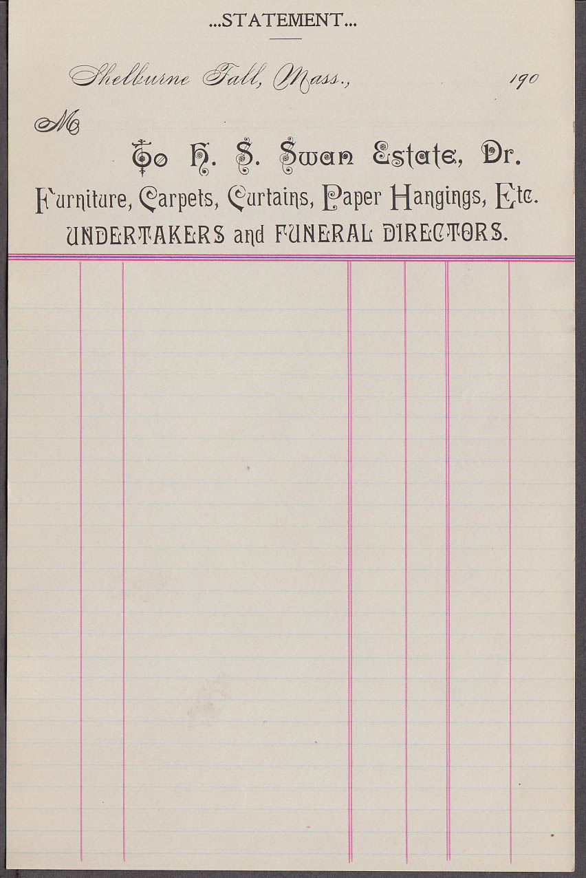 Image for H S Swan Estate Undertakers Carpets Furniture Shelburne Fall MA 190? Statement