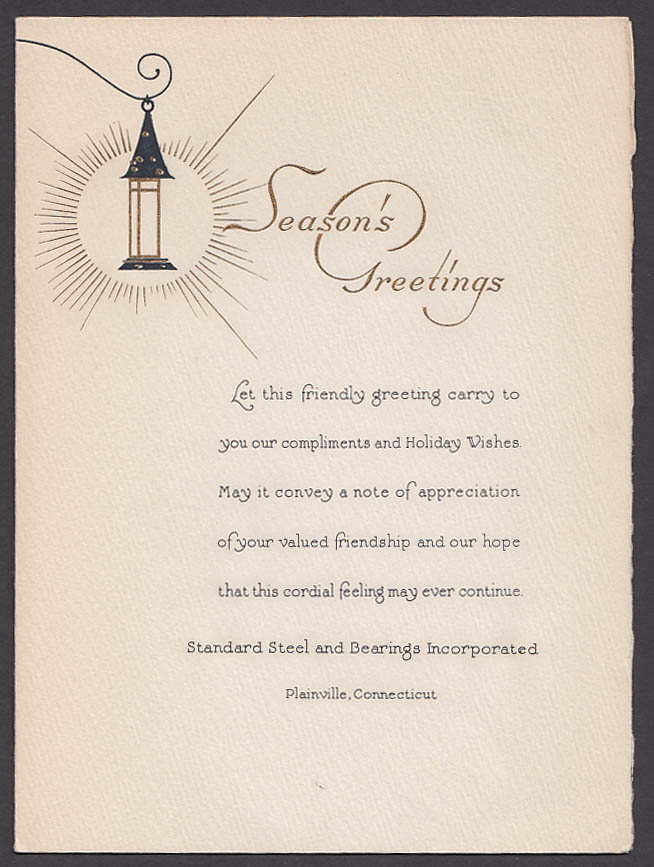 Image for Standard Steel & Bearings Plainville CT Season's Greetings Mettel etching 1940s