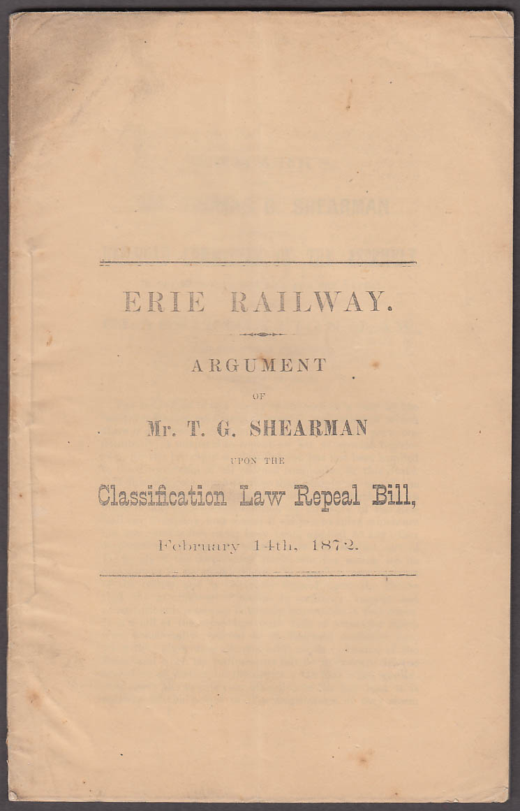 Image for Erie Railway T G Sherman Argument on Classification Law Repeal Bill 1871
