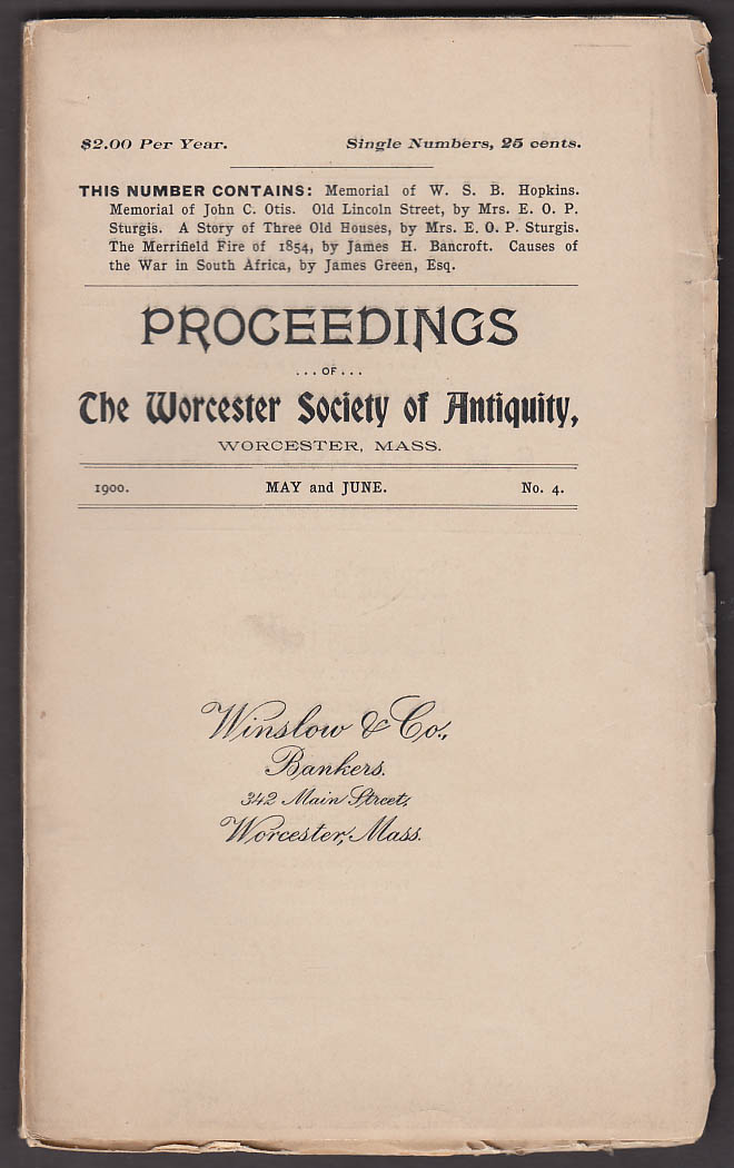 Image for Worcester Society Antiquity PROCEEDINGS 5 1900 Boer War Causes; Merrifield Fire