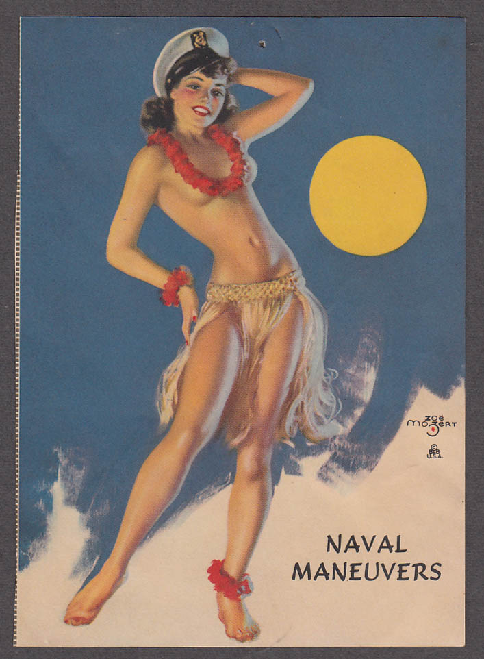 Image for Naval Maneuvers Zoe Mozert pin-up print topless brunette lei & navy cover 1940s