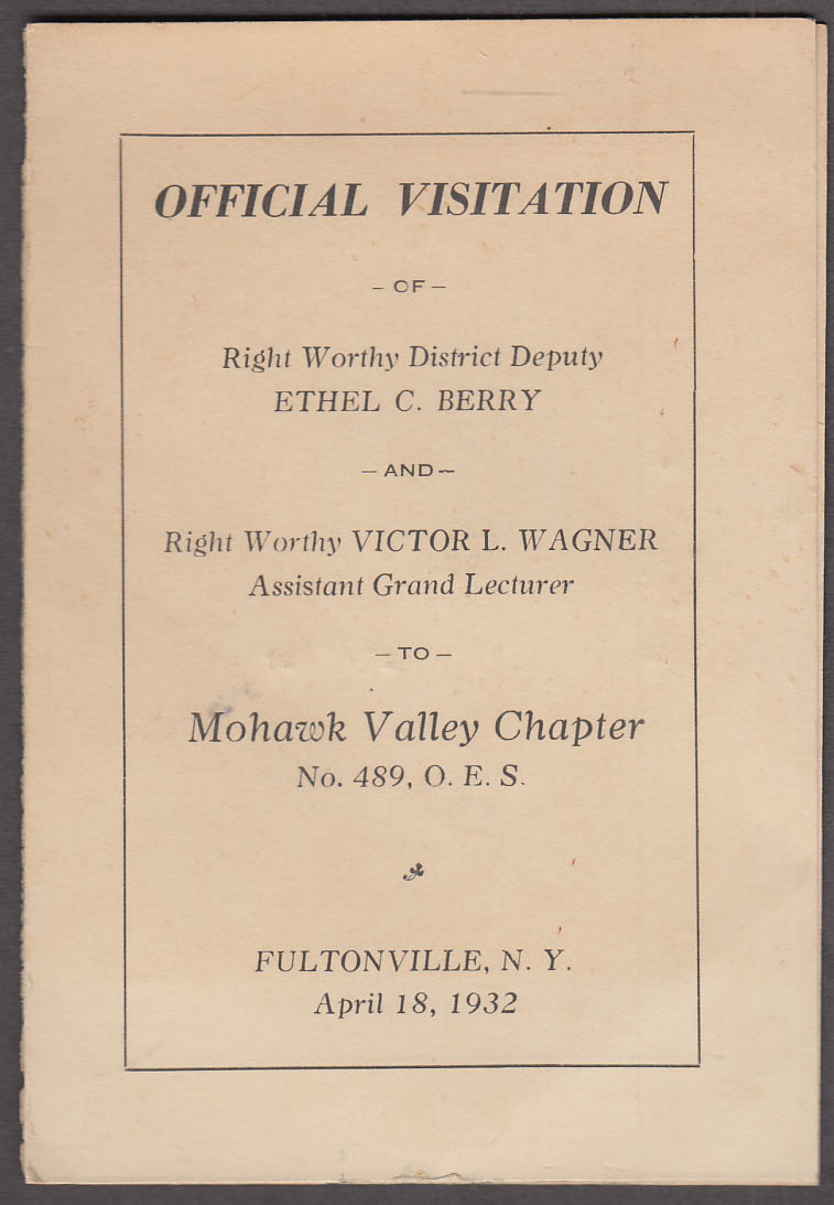 Image for Official Visitation Order Eastern Star Mohawk Valley Fultonville NY program 1932