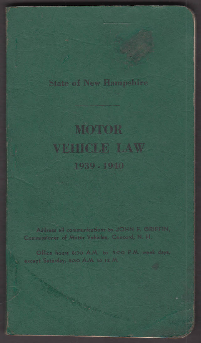 Image for State of New Hampshire Motor Vehicle Law booklet 1939-1940
