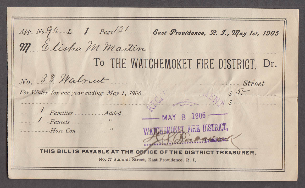 Image for Watchemoket Fire District Water Bill East Providence RI 1905