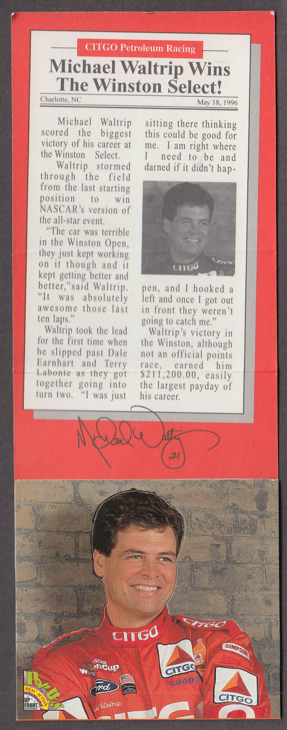 Image for Citgo NASCAR Michael Waltrip 1996 Winston Select Champion pop-up card 1997
