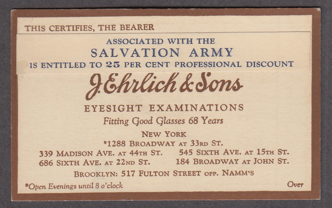 Image for J Ehrlich Eyesight Exams Salvation Army Professional Discount Card NYC ca 1920s