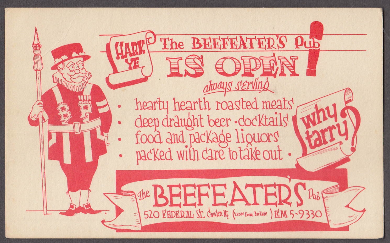 Image for The Beefeater's Pub is OPEN! Camden NJ card ca 1940s
