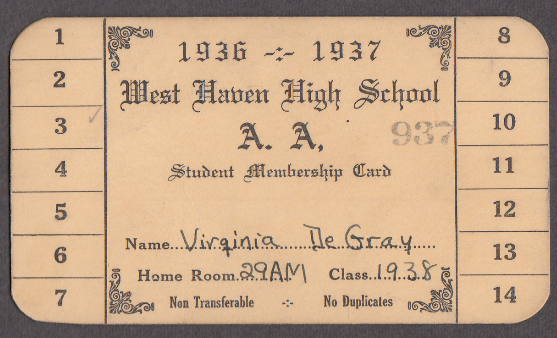 Image for West Haven High Athletic Association Student Membership Card 1936-7 CT