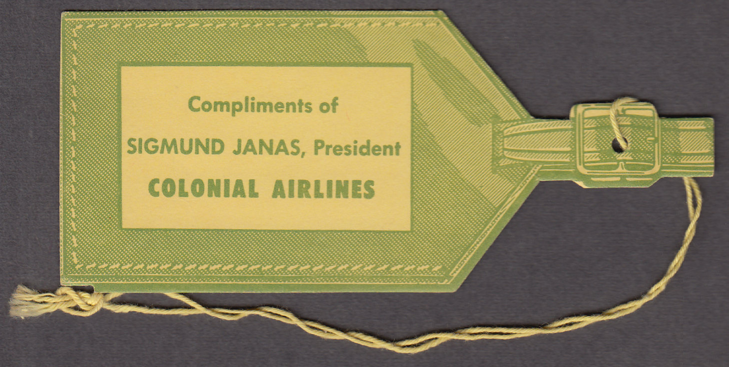 Image for Colonial Airlines Complimentary airline bag hangtag Sigmund Jonas ca 1950s
