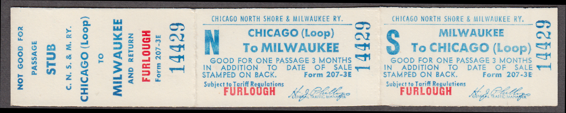 Image for Chicago North Shore & Milwaukee Ry Chicago Loop-Milwaukee Furlough unused ticket
