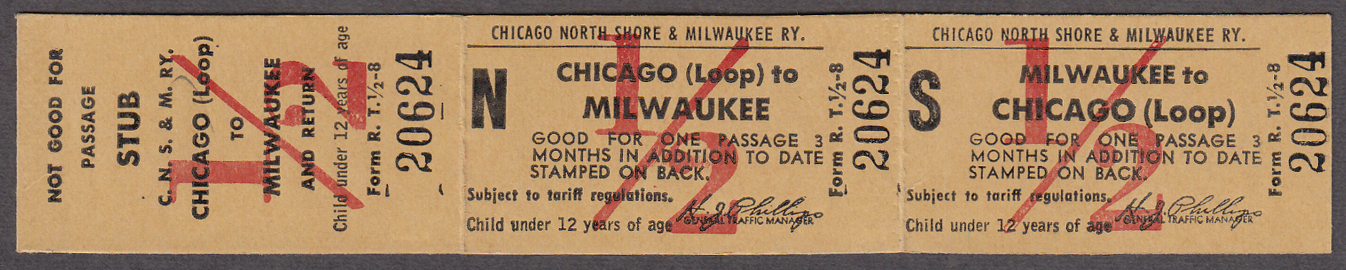 Image for Chicago North Shore & Milwaukee Ry Chicago Loop-Milwaukee 1/2 fare unused ticket