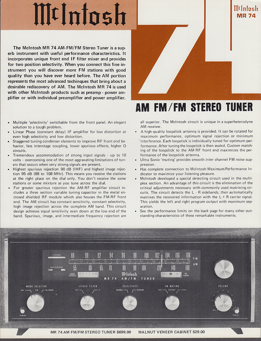 Image for McIntosh MR 74 AM FM / FM Stereo Tuner sell sheet 1970s