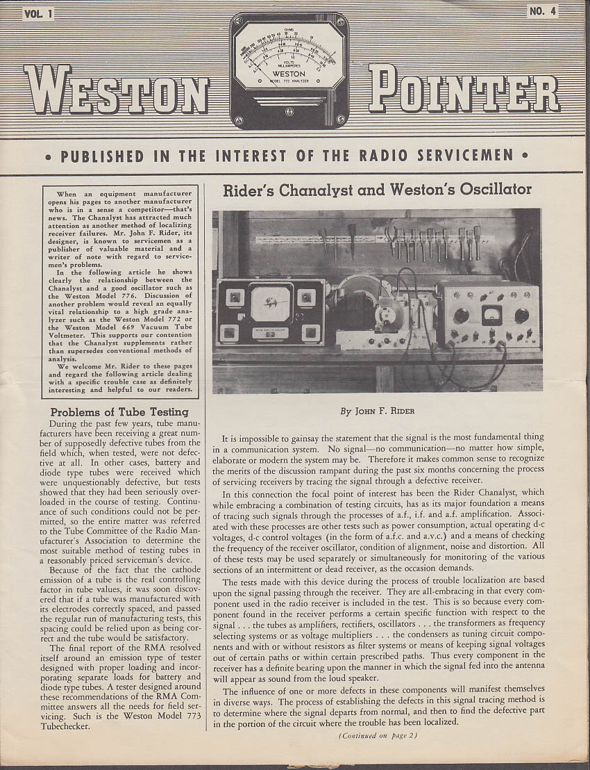 Image for WESTON POINTER 4 1938 Radio Service Tips & News 770-771-773-775 Tube Test Data