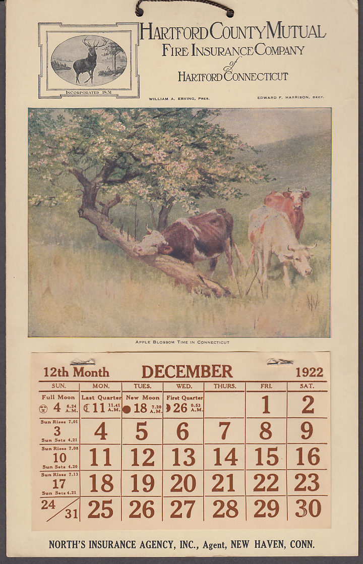 Image for Hartford County Fire Insurance Co advertising calendar 1922 CT