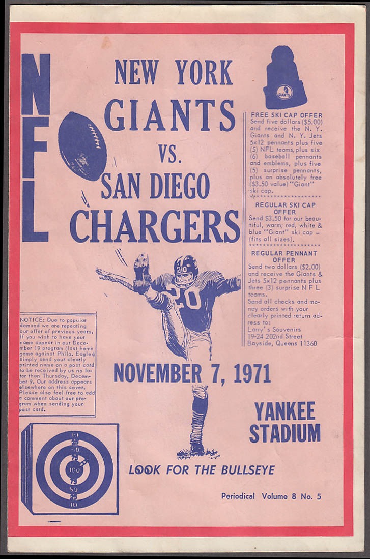 Image for San Diego Chargers at New York Giants 1971 Bullseye Gambler Tout Sheet