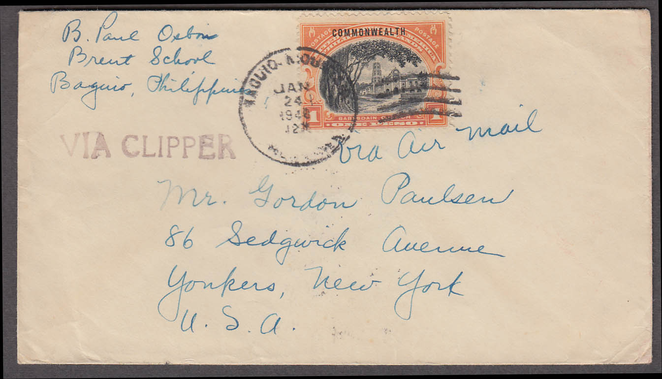 Image for Postal cover Clipper air mail 1 peso Philiipine Islands stamp 1940 COMMONWEALTH