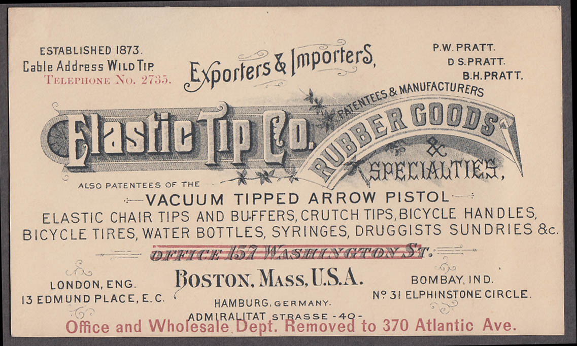 Image for Elastic Tip Rubber Goods Arrow Pistol Bicycle Tires Syringes card Boston c 1890s