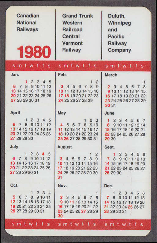 Canadian National Grand Trunk Railways pocket calendar 1980